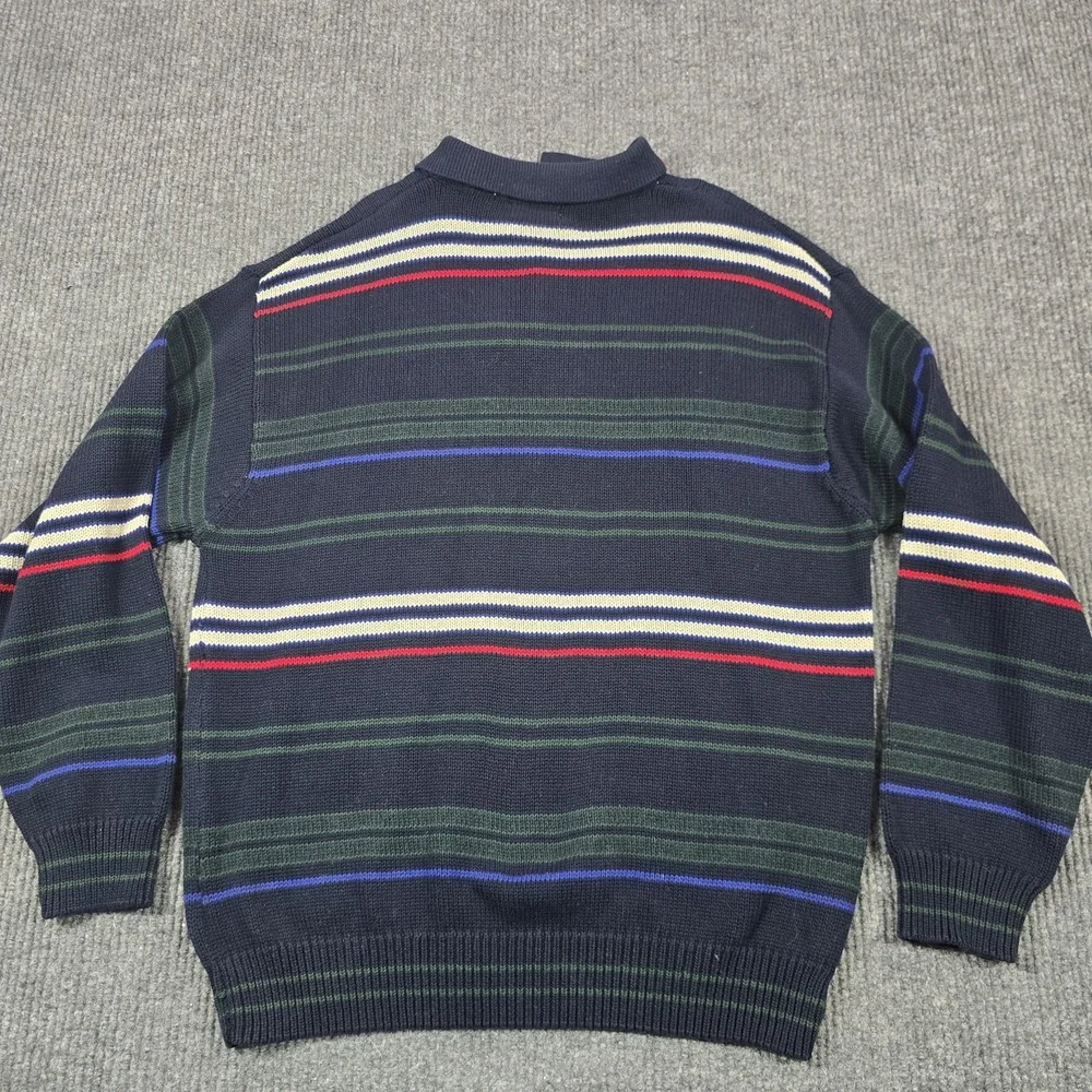 IZOD Sweater Mens Large Blue Multi Stripe Knit Polo Rugby Collar‎ Cotton Preppy